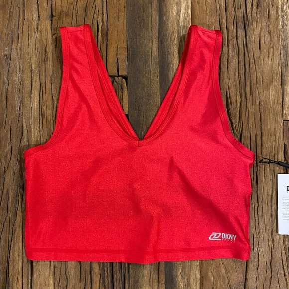 DKNY Sports Bra Womens S,M Red Shiny V-Neck Moisture Wick Stretch $49 NEW - Picture 2 of 5